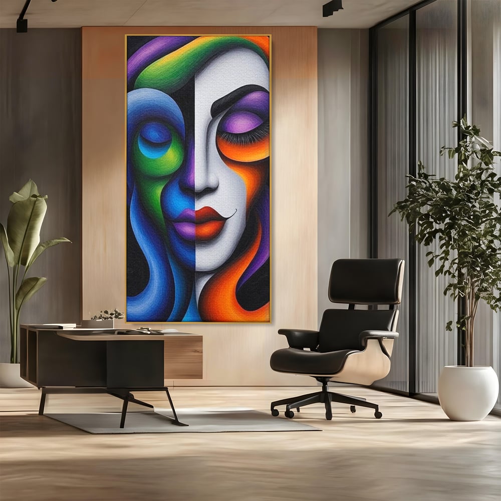 Tablou canvas cu portret abstract feminin bicolor, in rama de aluminiu auriu, pe perete intr-un birou